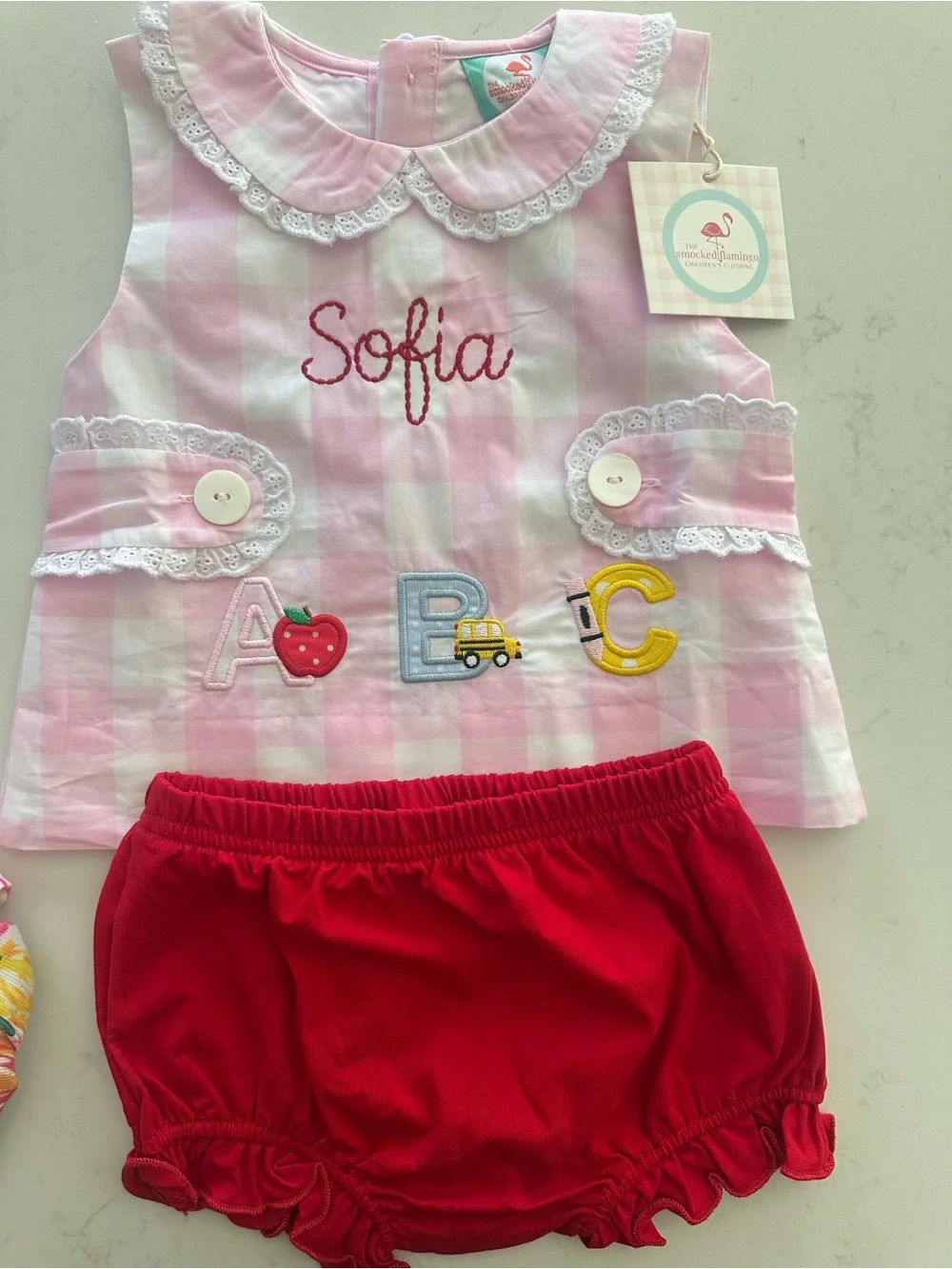 Pink Gingham Embroidered Name Top & Red Bloomers Kids Set